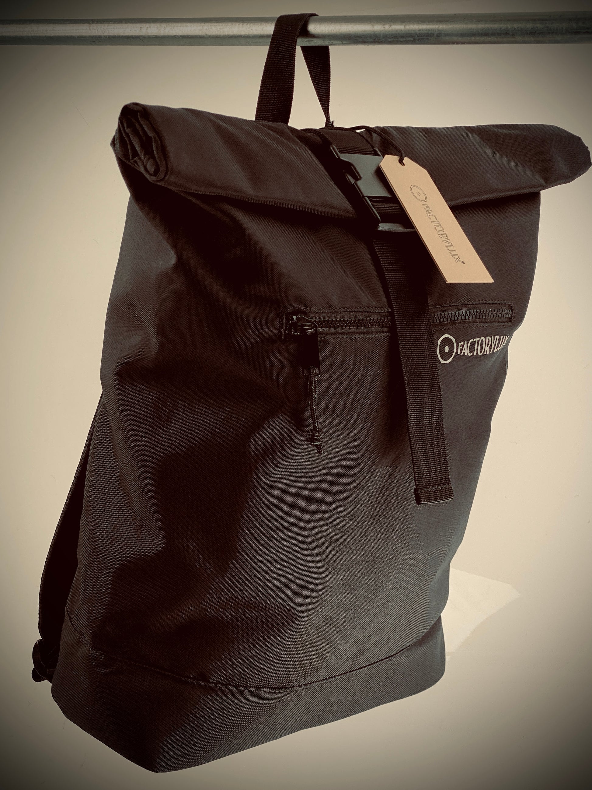 Factorylux 20 litre, roll top, black recycled polyester bag with Factorylux logo.