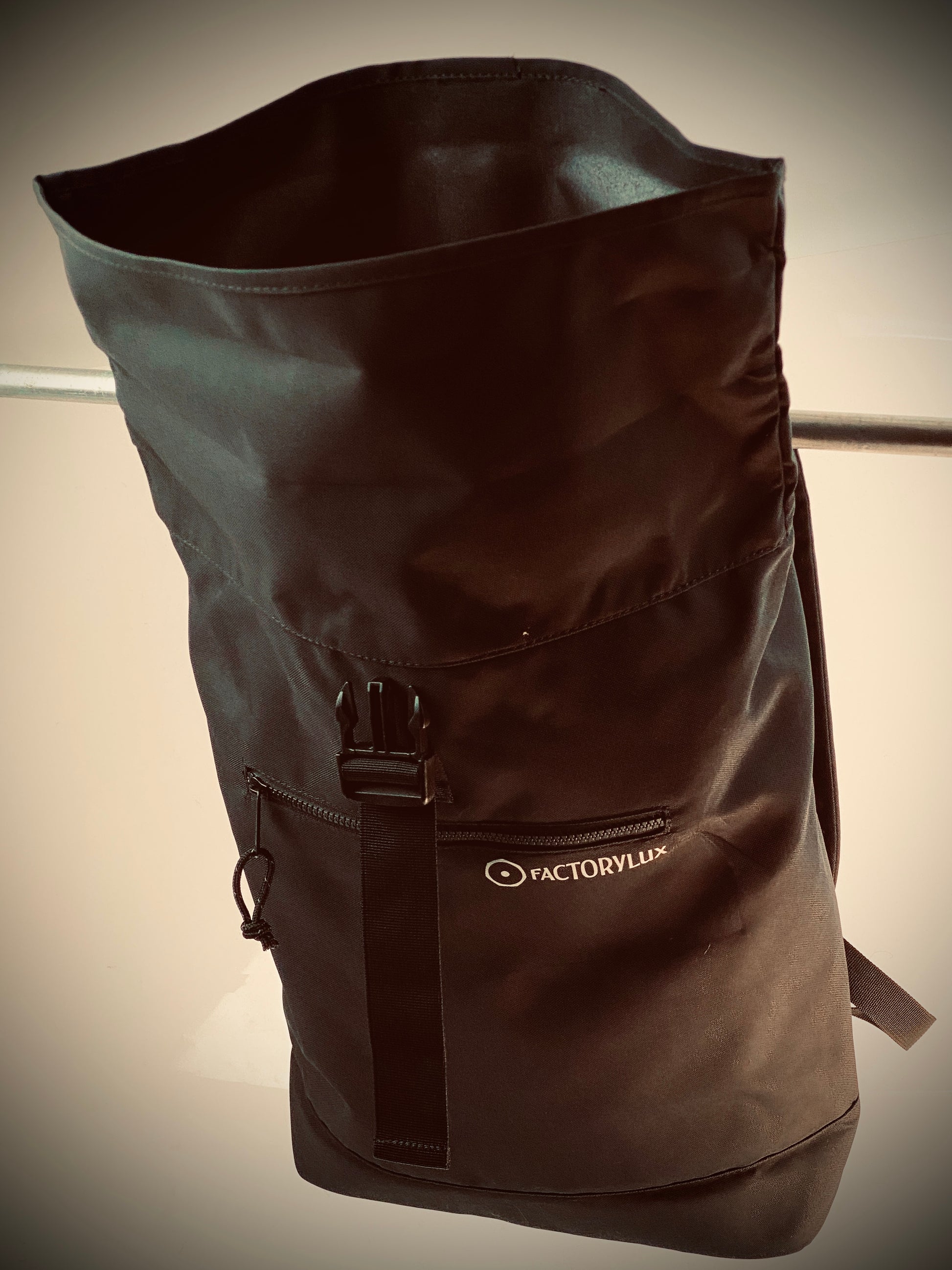 Open roll top Factorylux black, recycled polyester bag. 
