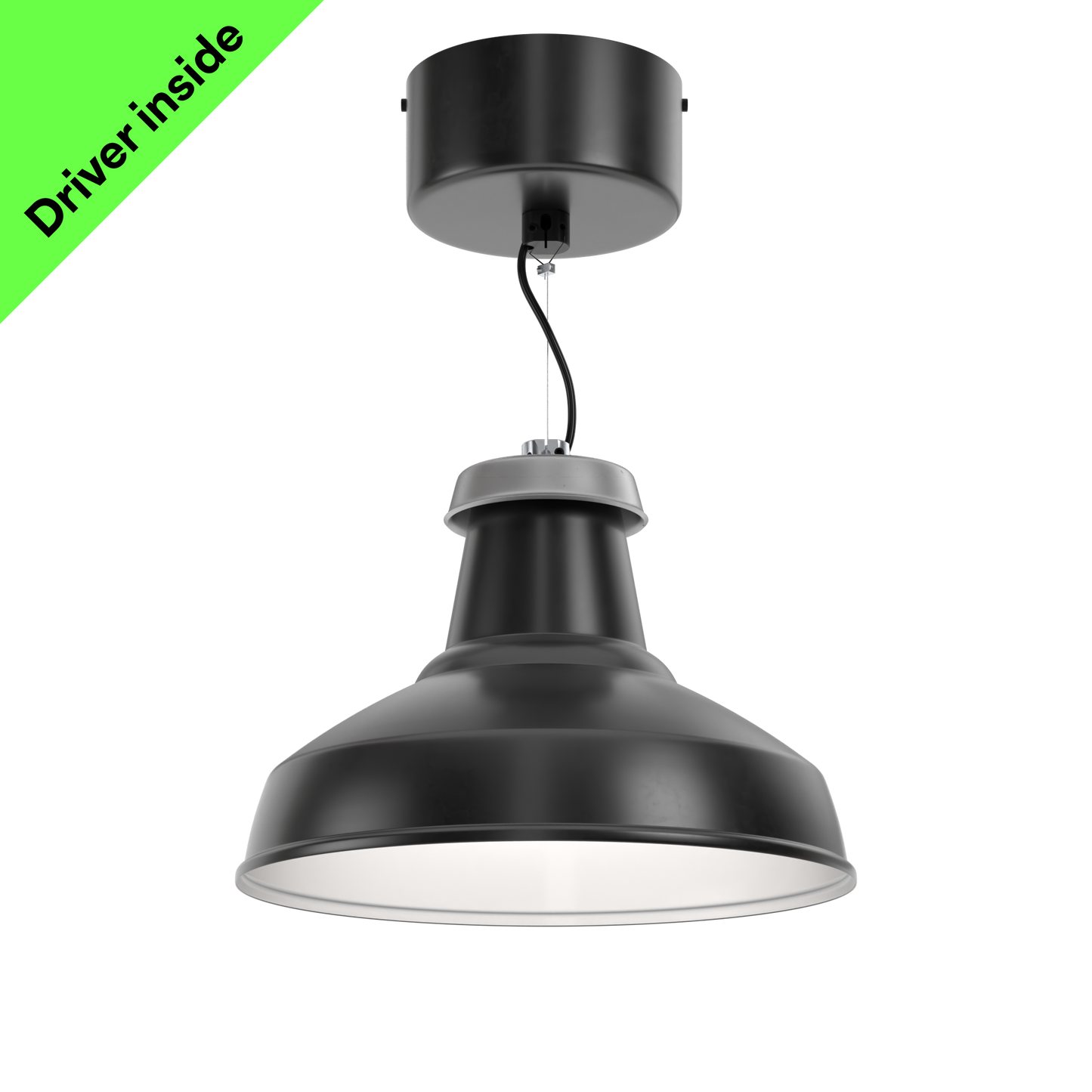 A sustainable, black, architectural pendant light  that's designed for circular economy, on a large monopoint mounting