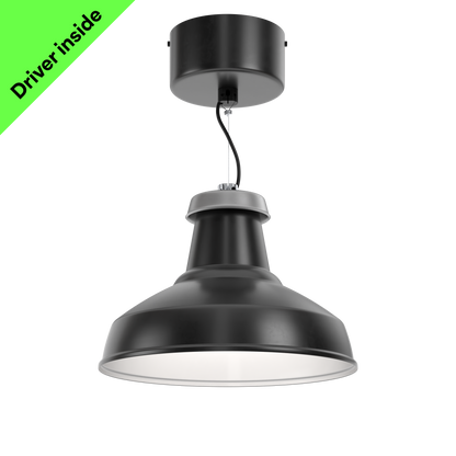 A sustainable, black, architectural pendant light  that's designed for circular economy, on a large monopoint mounting