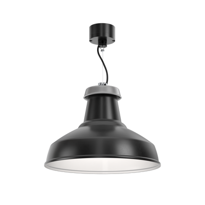 A sustainable, black, architectural pendant light  that's designed for circular economy, on a small monopoint mounting