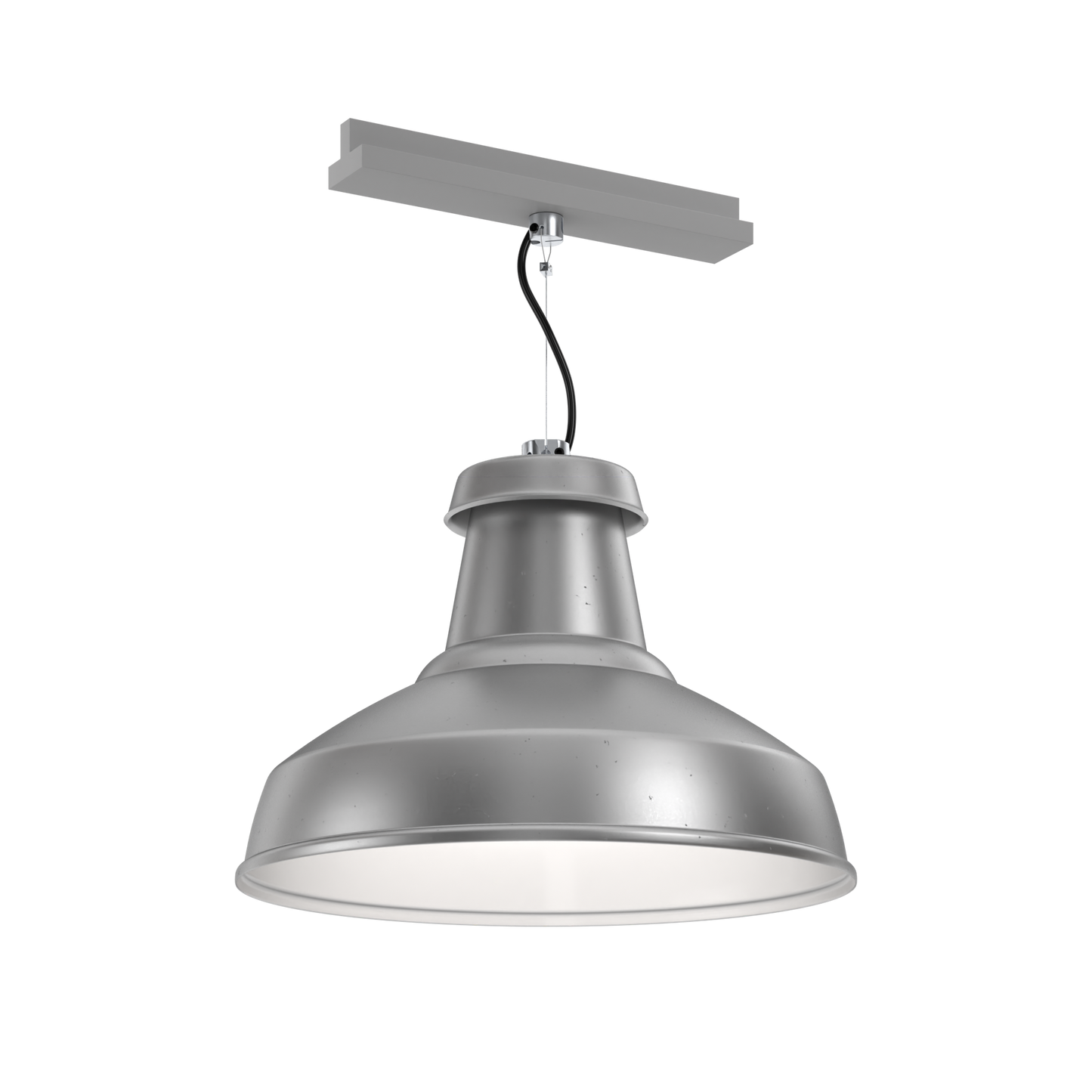 A paint-free architectural pendant light that's designed for circular economy, on a track adaptor with integral driver