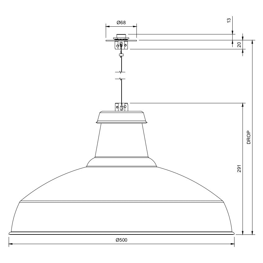 Technical drawing of an extra large circular economy pendant light on a low-profle, disc mount with BESA hole spacings