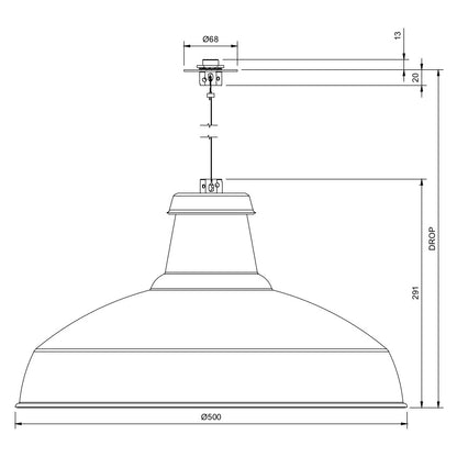 Technical drawing of an extra large circular economy pendant light on a low-profle, disc mount with BESA hole spacings