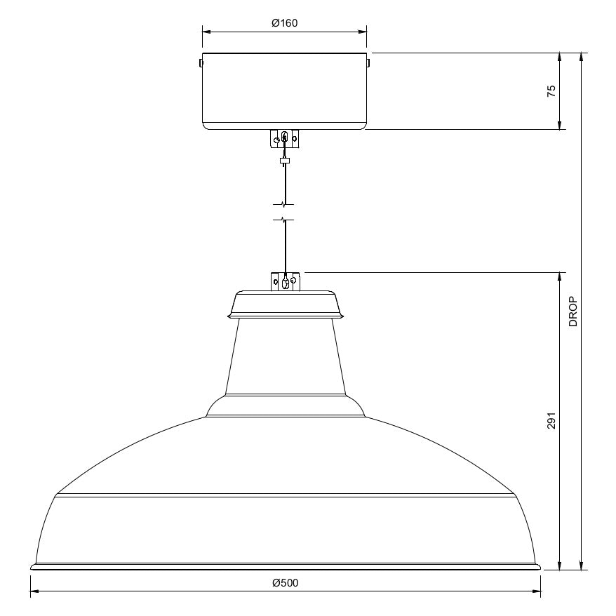 Line drawing of an extra large circular economy pendant on a large architectural monopoint lighting mount