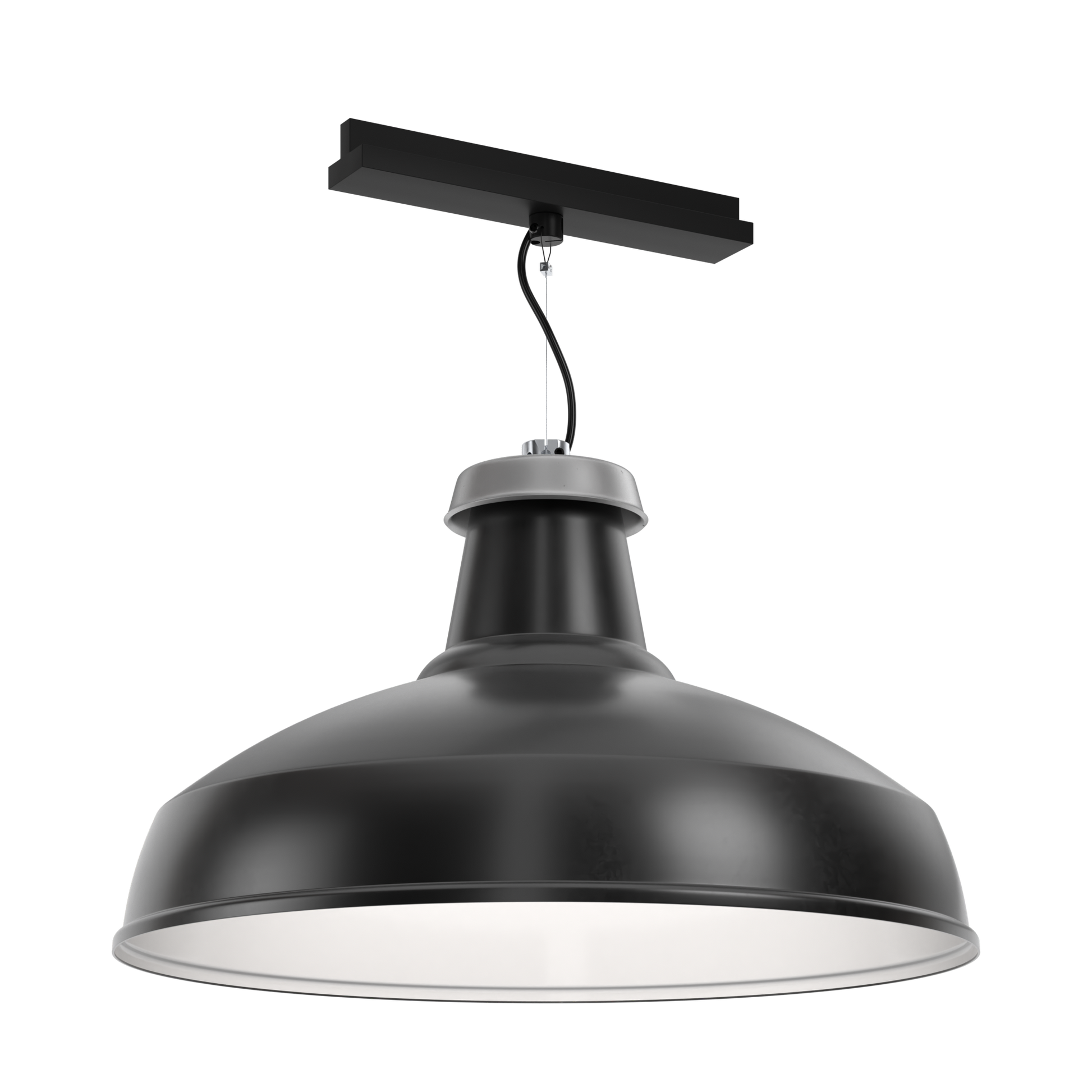 A black architectural XL pendant light that's designed for circular economy, on a track lighting adaptor