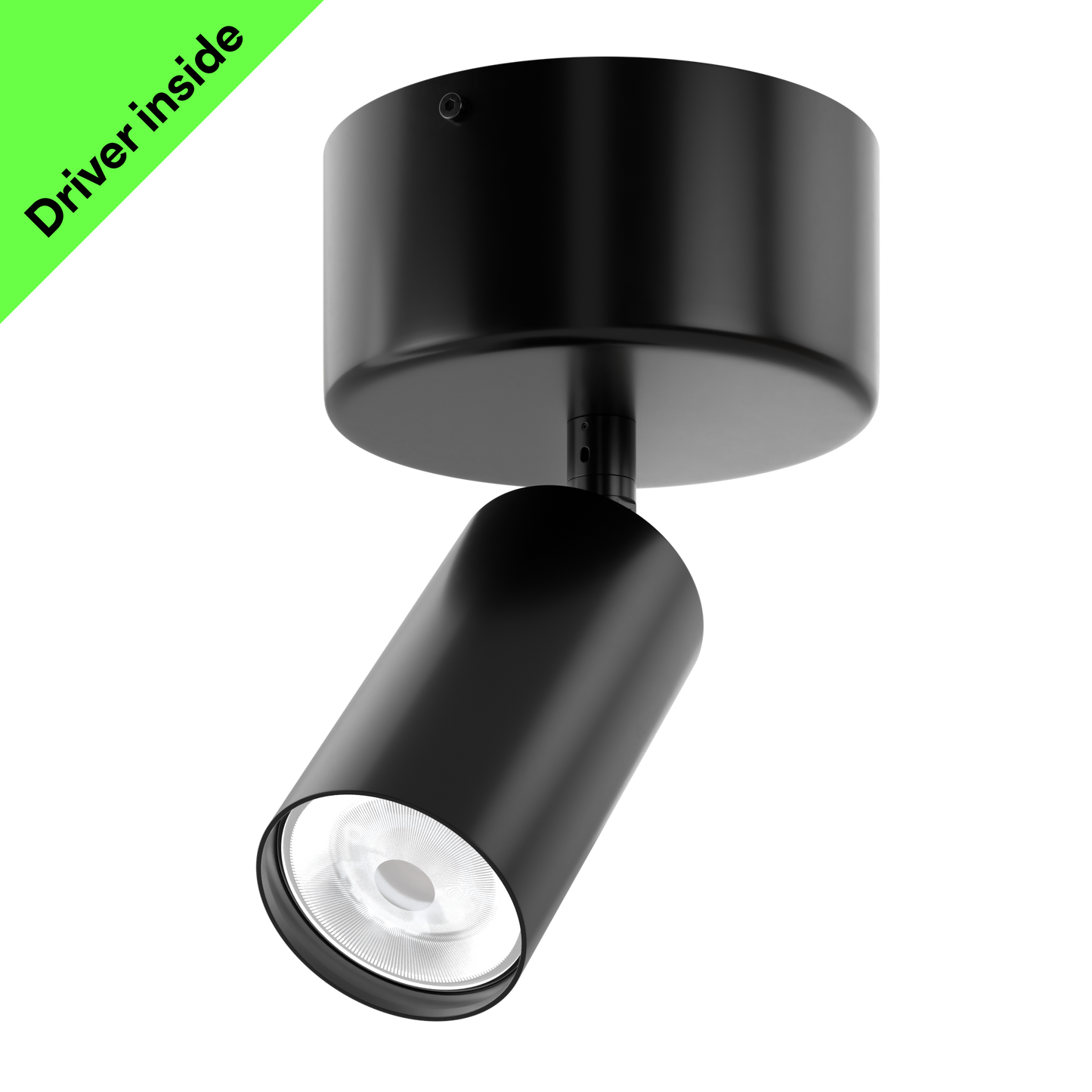 A sustainable, black, architectural spotlight on a large monopoint with integral driver that's designed for circular economy