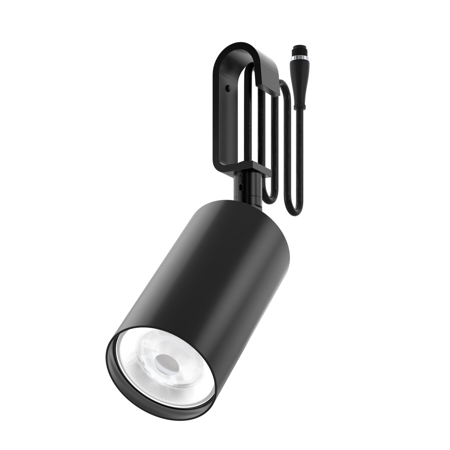 A sustainable, black, architectural spotlight that's designed for circular economy, on a low-voltage Track-Pipe® adaptor