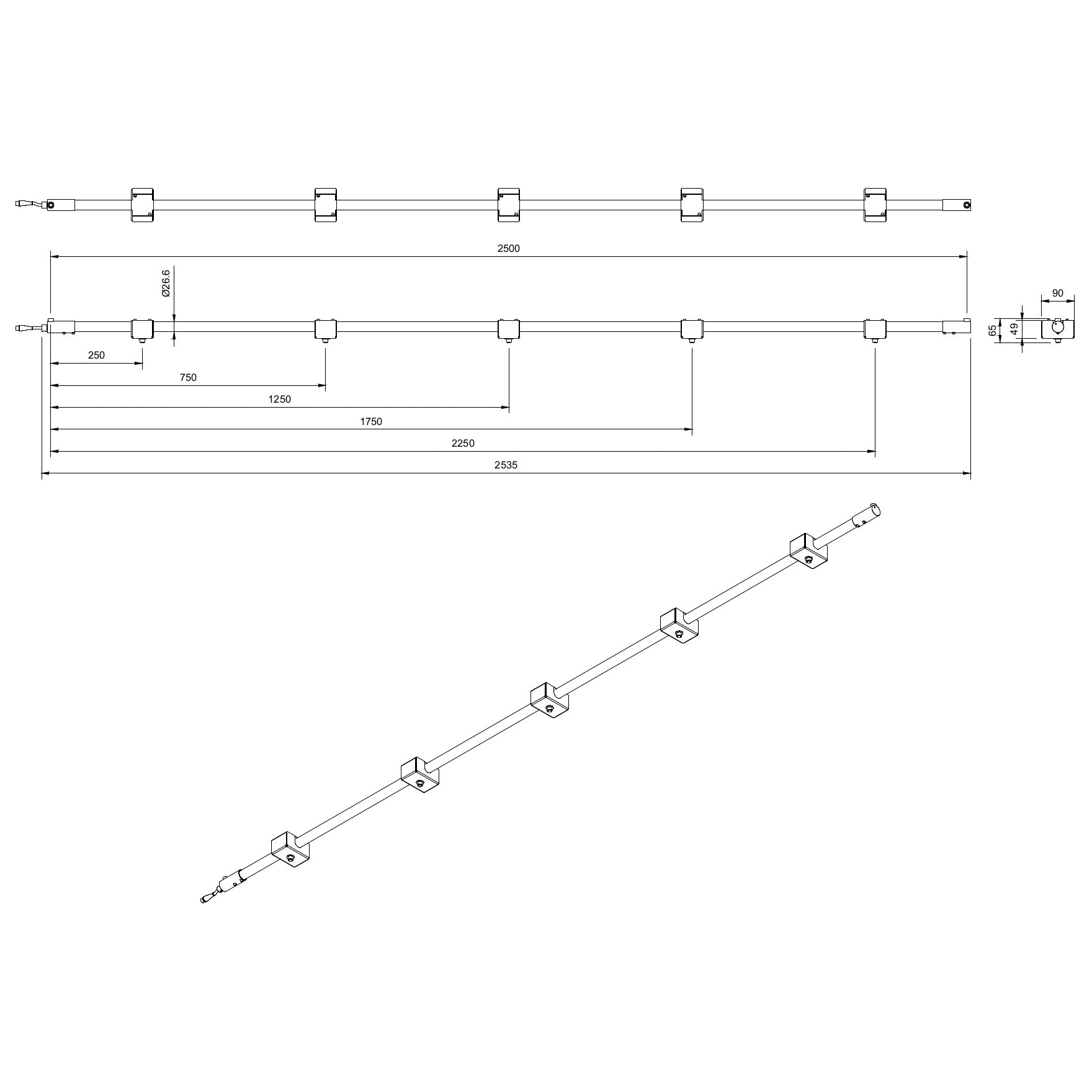 Technical or line drawing of Track-Pipe® 2500mm, a circular economy alternative to track lighting for architects