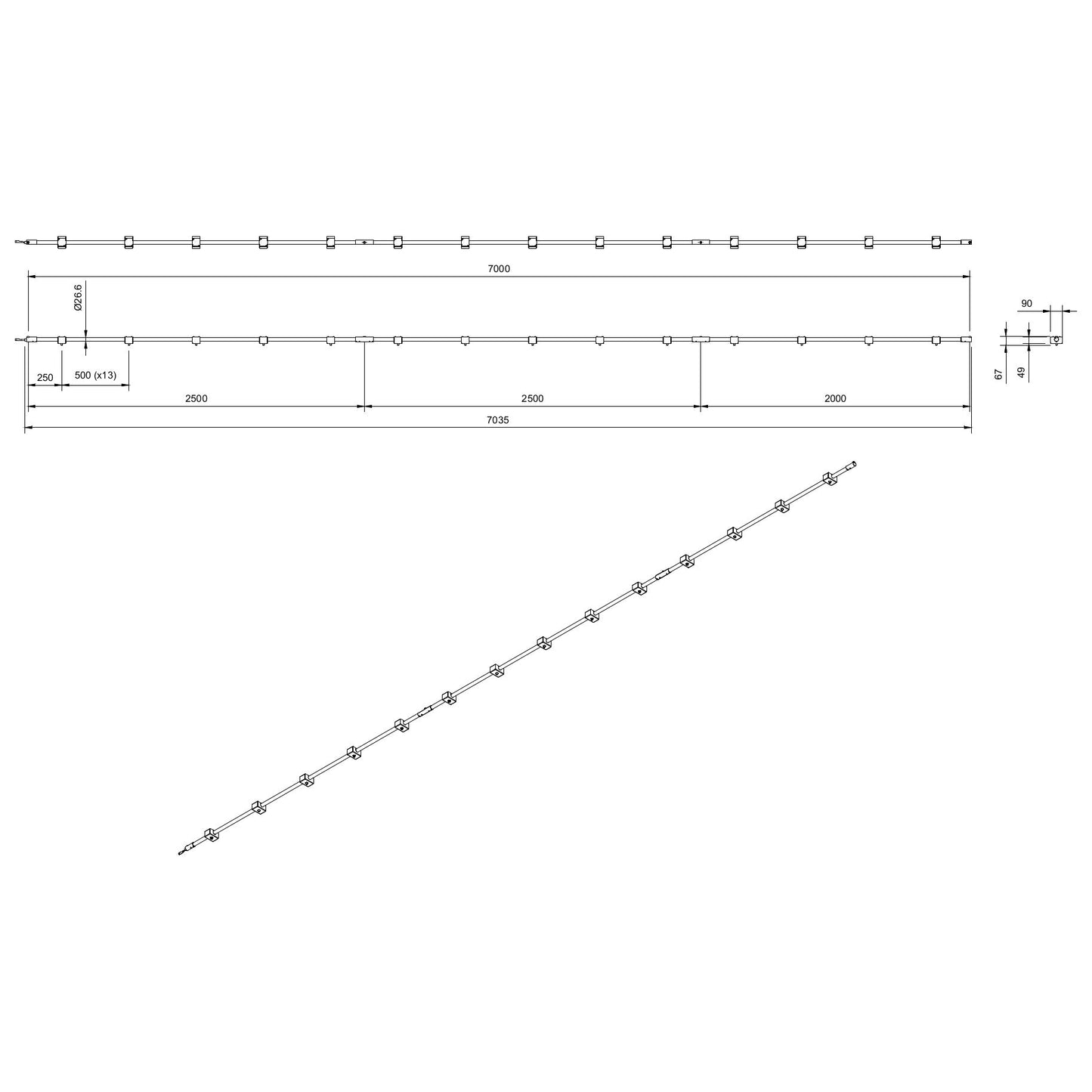 Technical or line drawing of Track-Pipe® 7000mm, a circular economy alternative to track lighting for architects
