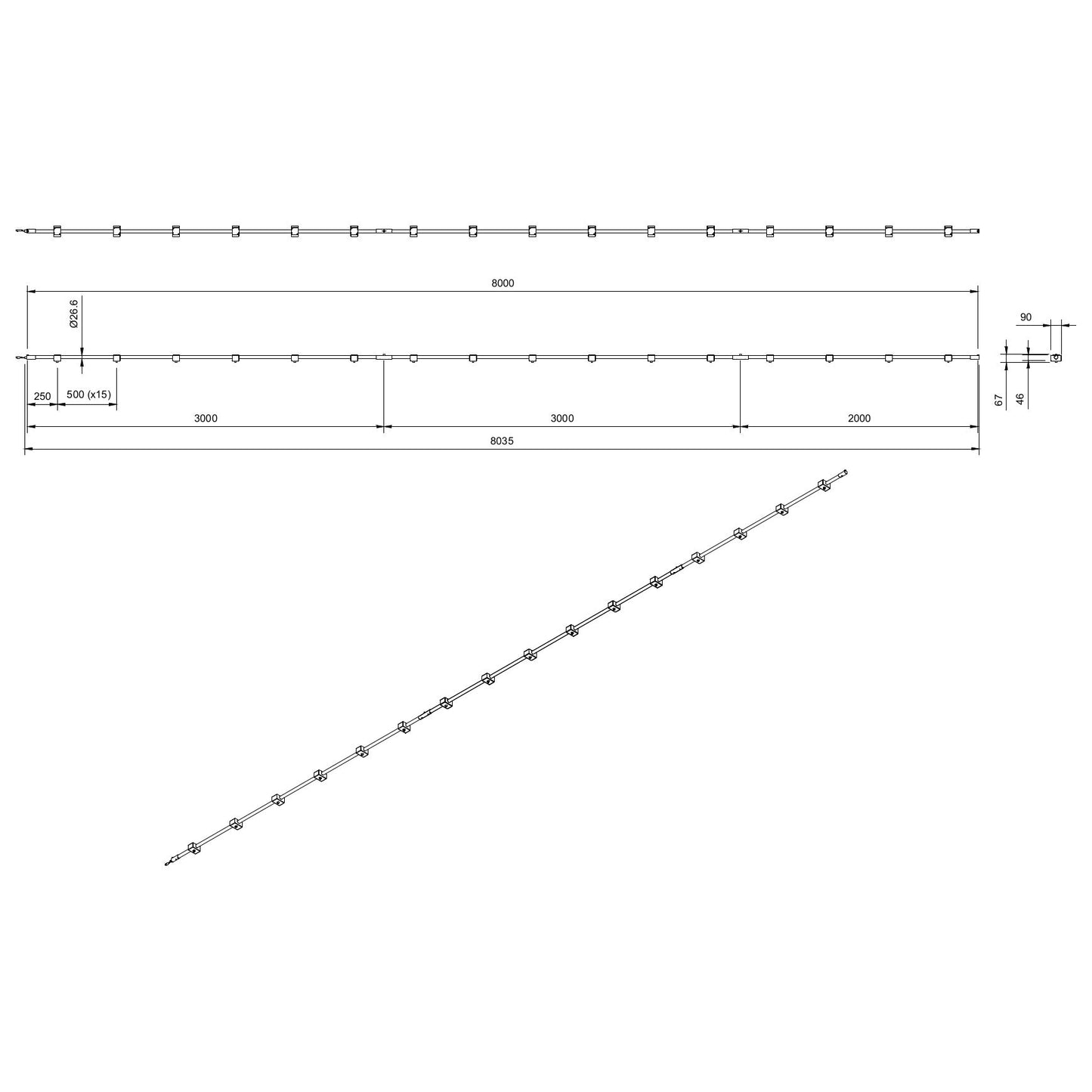 Technical or line drawing of Track-Pipe® 8000mm, a circular economy alternative to track lighting for architects